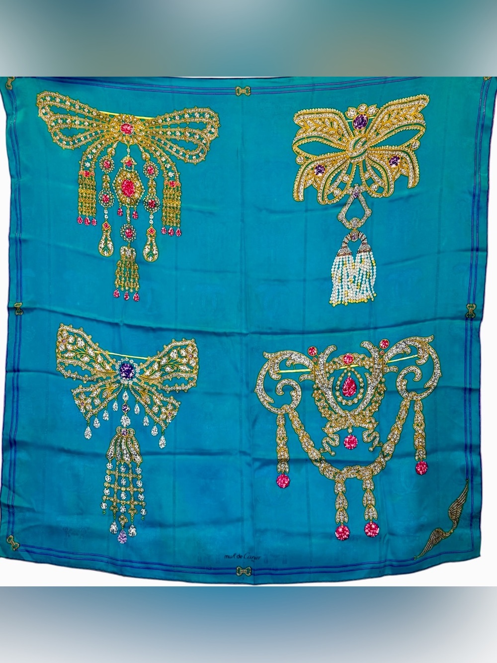 🌈 Cartier Teal “Collection of Brooches” Jewel-Embellished Silk Scarf